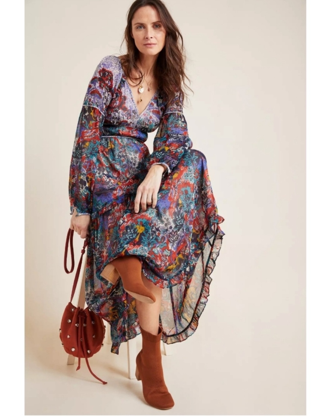 Maeve Anthropologie Annabella Maxi Dress Colorful V-Neck Boho Dress Size 2
